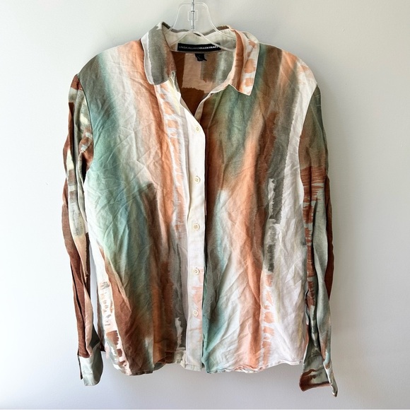 Linda Allard Ellen Tracy women’s linen silk blend button down watercolor blouse - Picture 1 of 9